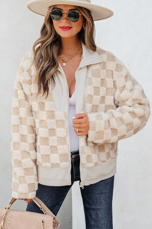 Khaki Checkered Sherpa Jacket with Corduroy Detail