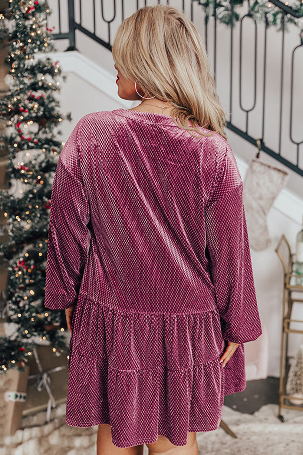 Mauve Textured Velvet Plus Size Tiered Dress