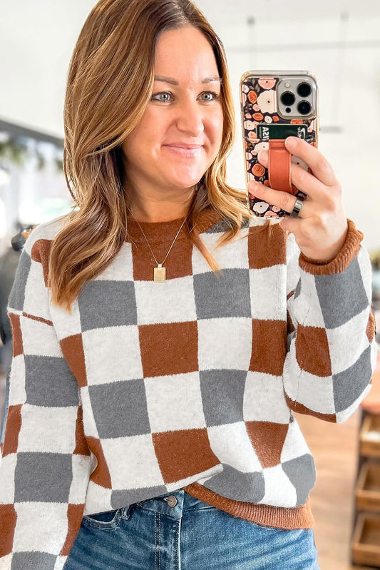 Brown & Gray Checkered Plus Size Crewneck Sweater