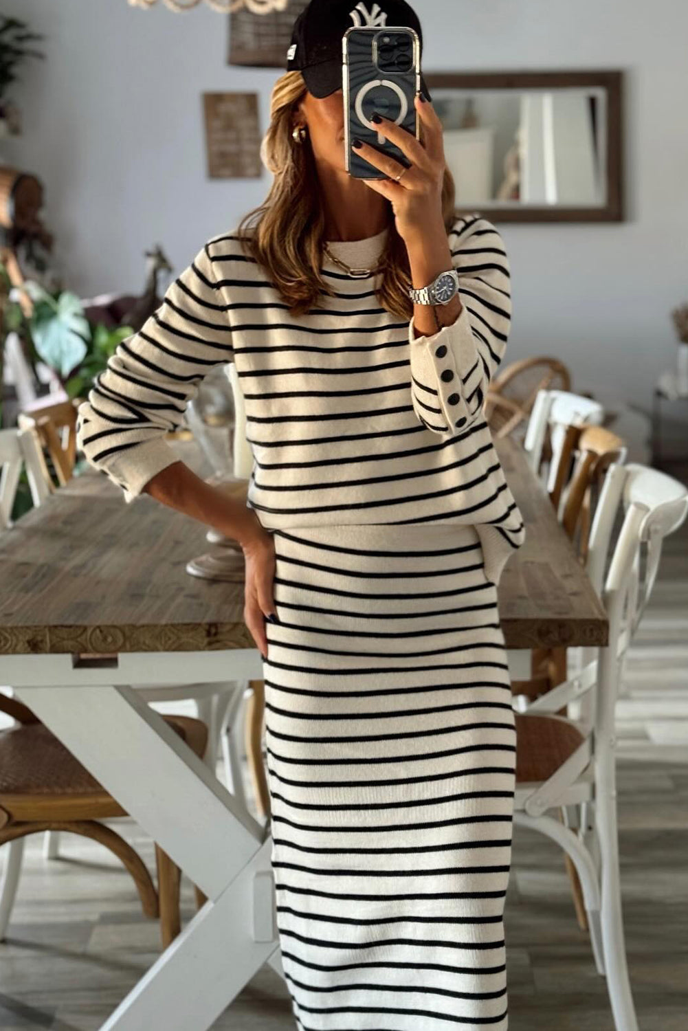 Black Stripe Long Sleeve Top & Midi Skirt 2pcs Outfit