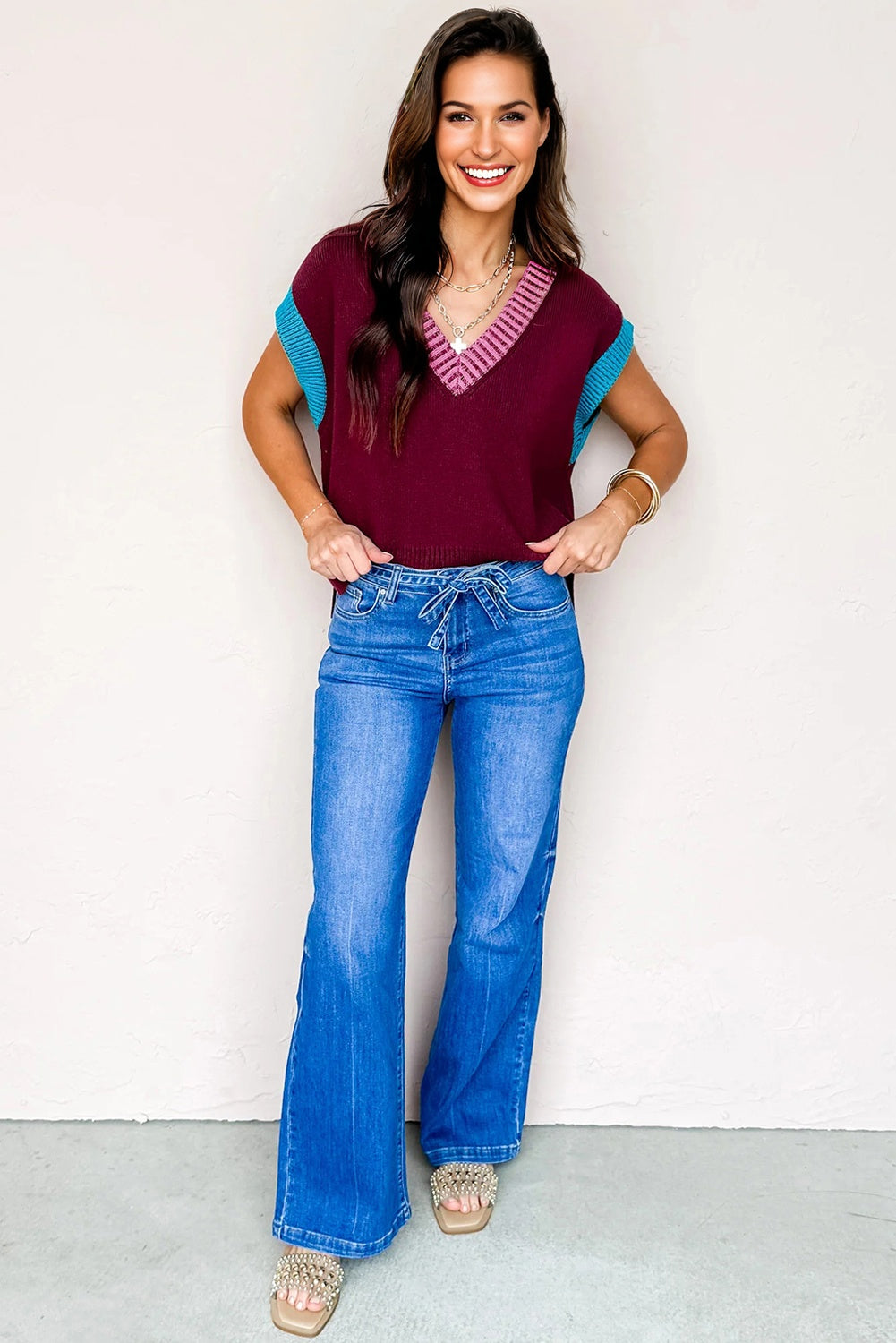 Burgundy Contrast V Neck Sweater