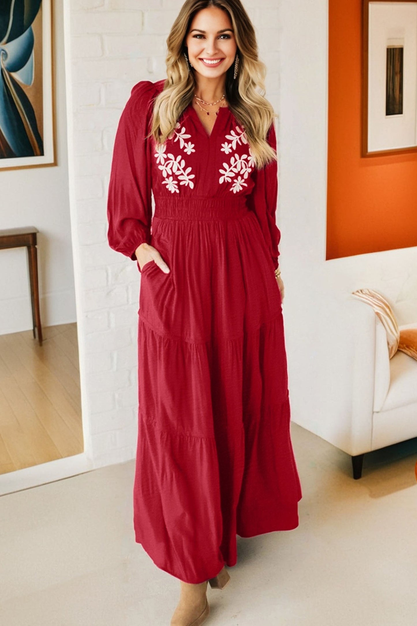 Racing Red Embroidered Detail Maxi Dress