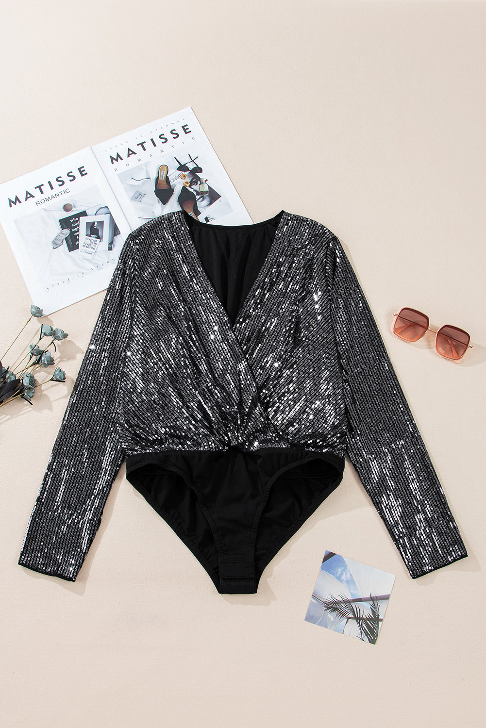 Black Sequin Mesh Long Sleeve Bodysuit