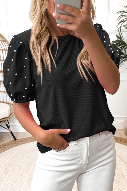 Beaded Puff Sleeve Top in Black