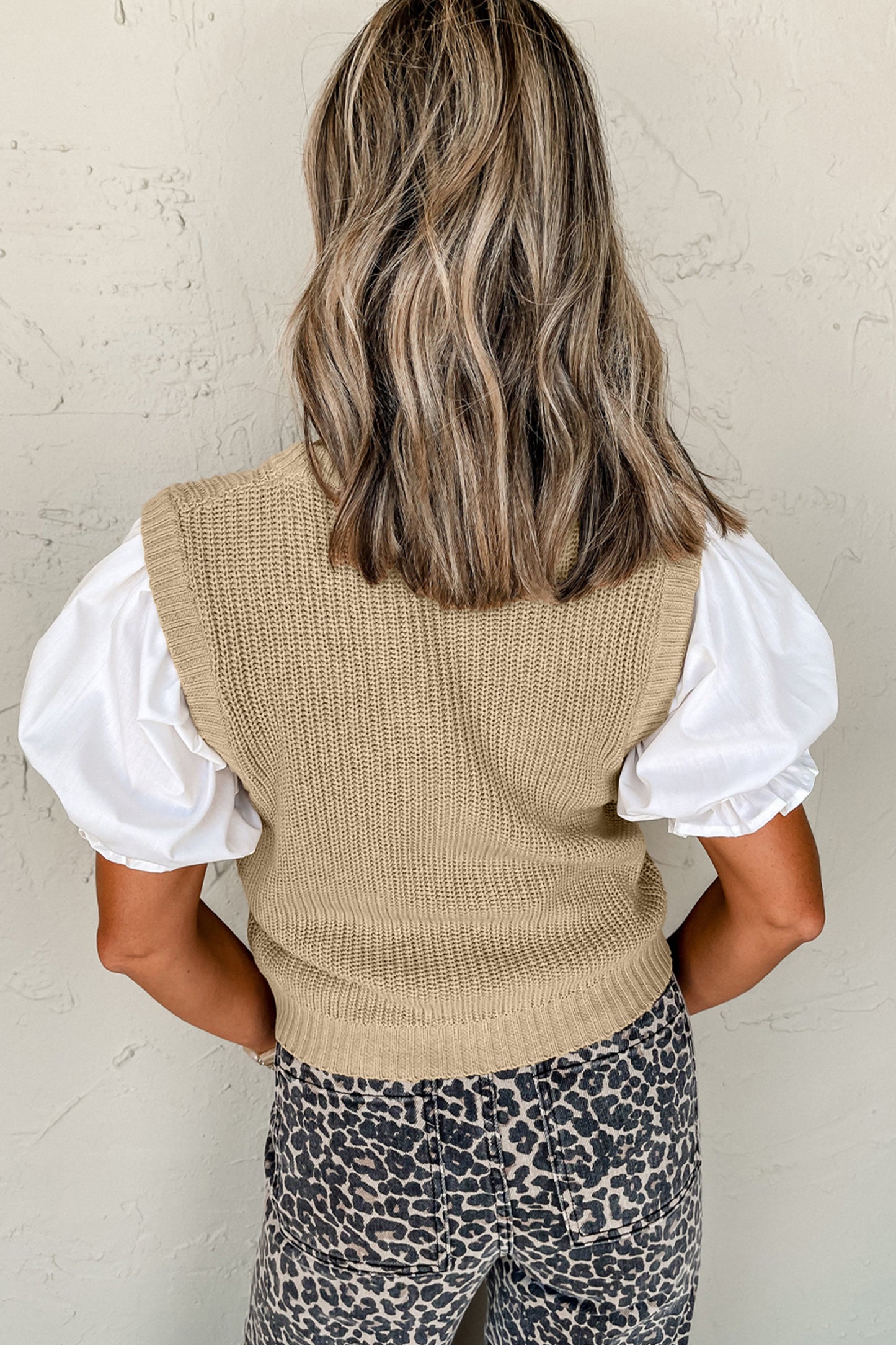 French Beige Sweater Top with Knit Sleeve