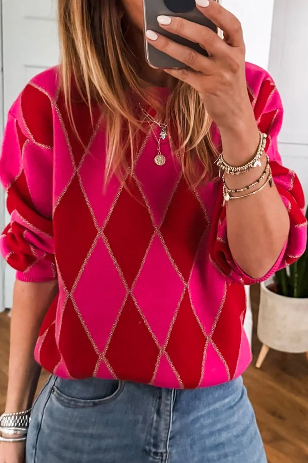 Rose Red Glitter Rhombus Sweater