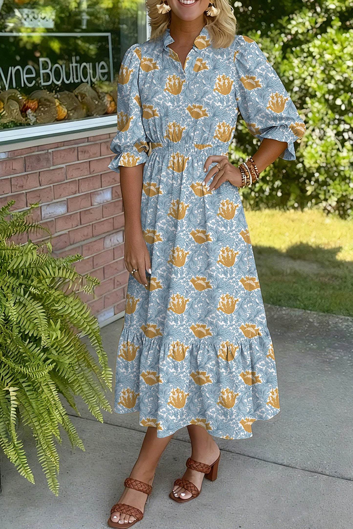 Floral Print Frilled Neck Dress