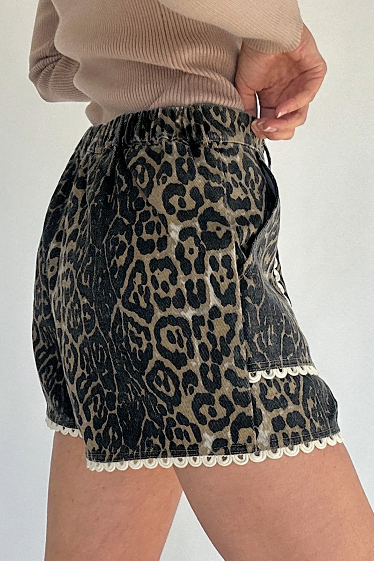 Scalloped Leopard Denim Shorts