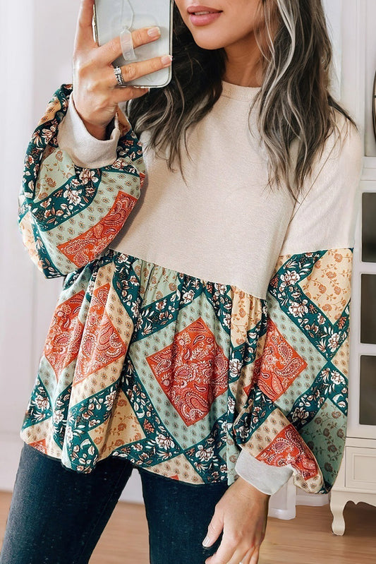 Paisley Geometric Patchwork Crew Neck Top