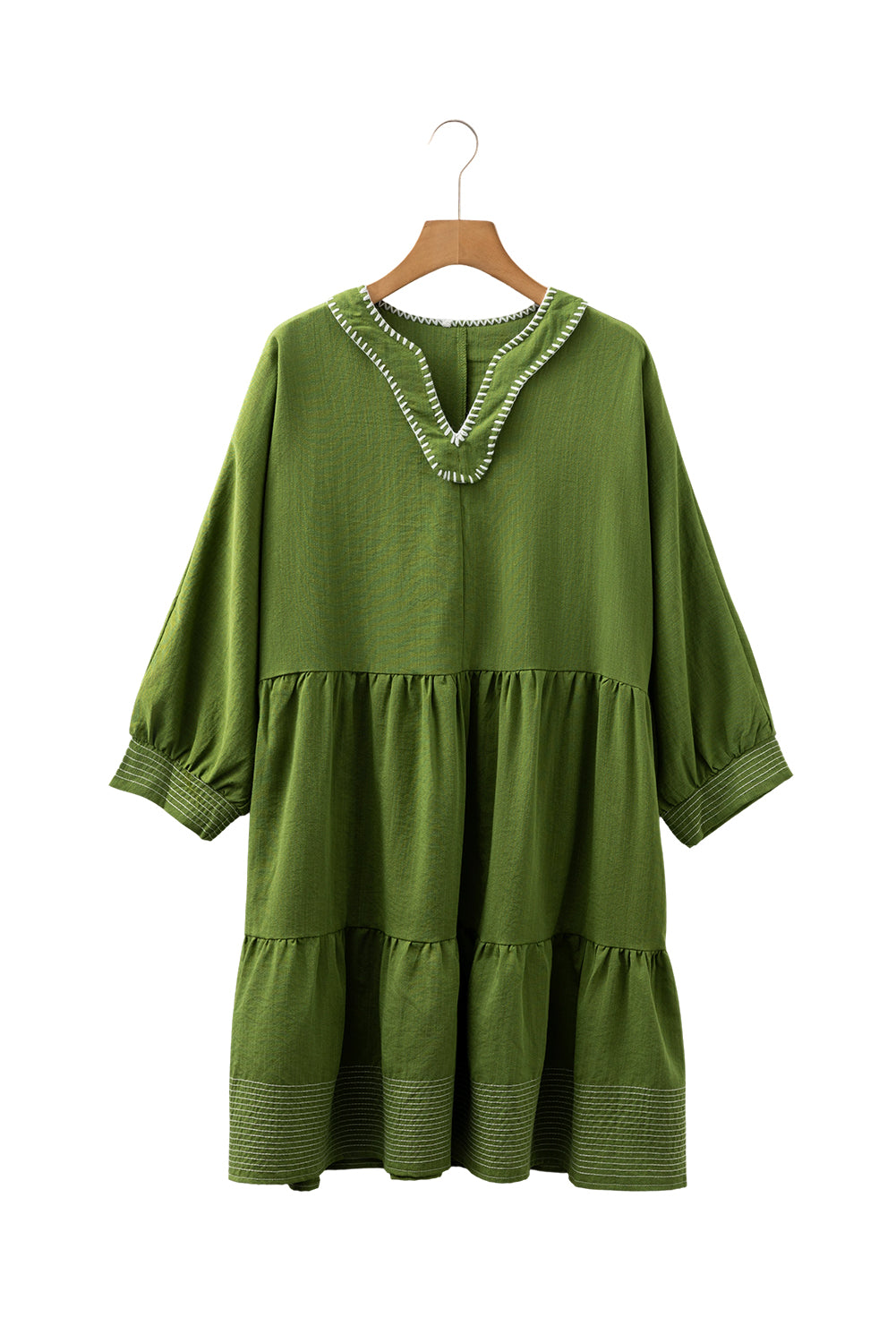 Olive Green Contrast Stitched Tiered Mini Dress
