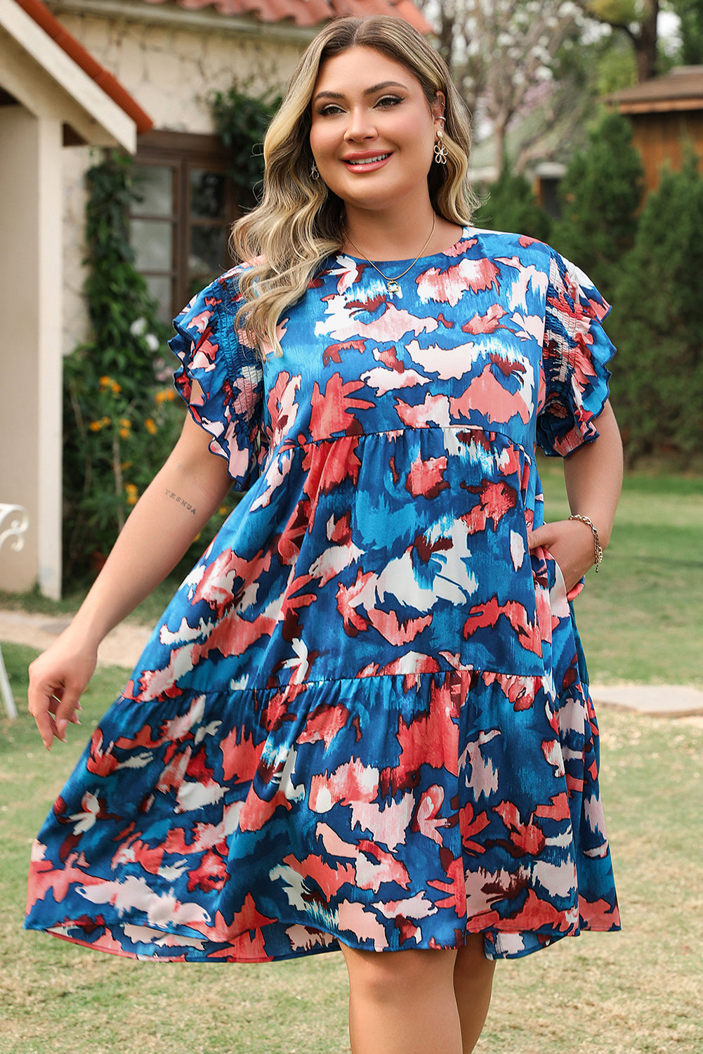Blue Abstract Shirred Plus Size Mini Dress