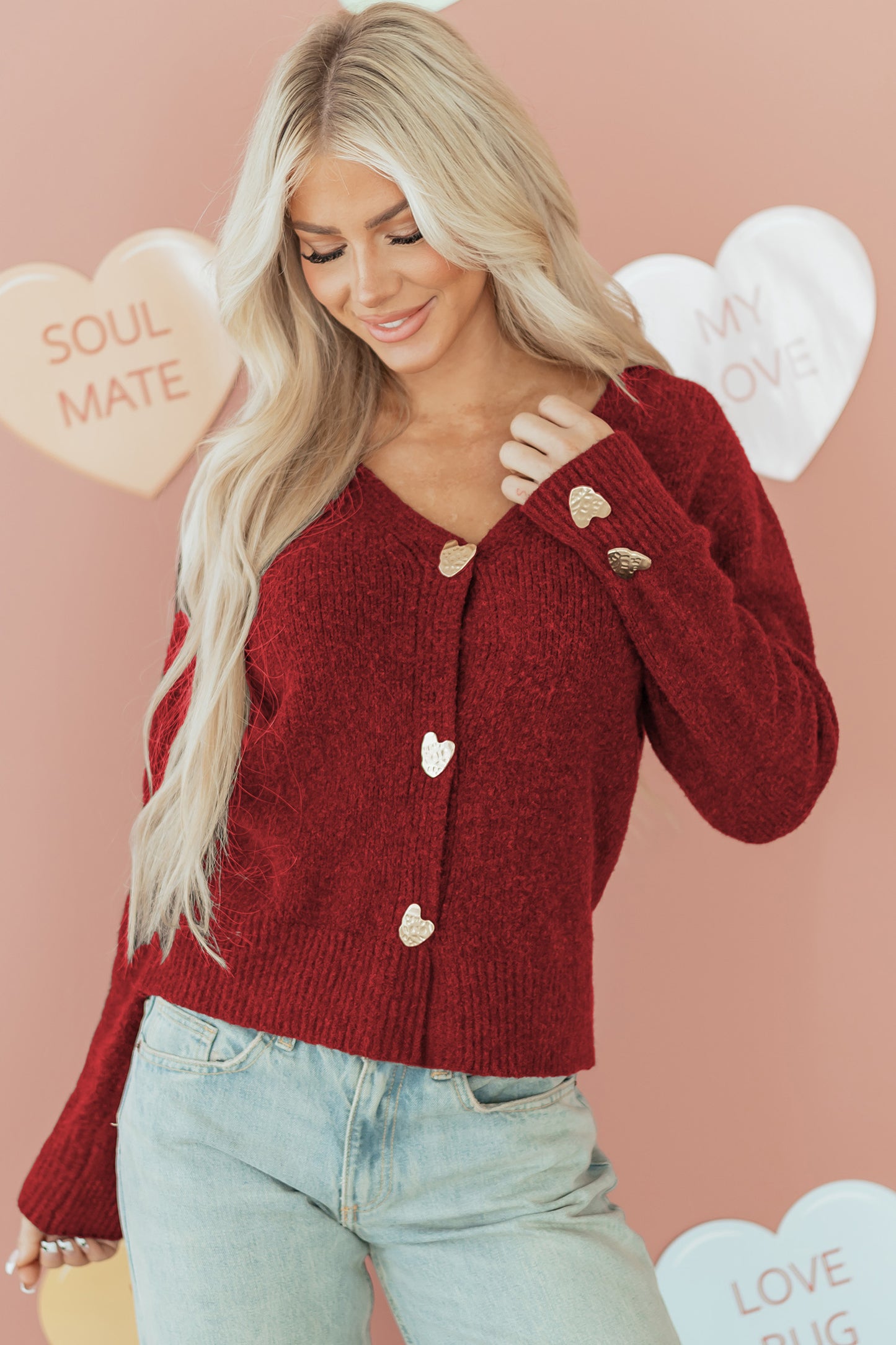 Fiery Red Heart Button Cardigan Sweater