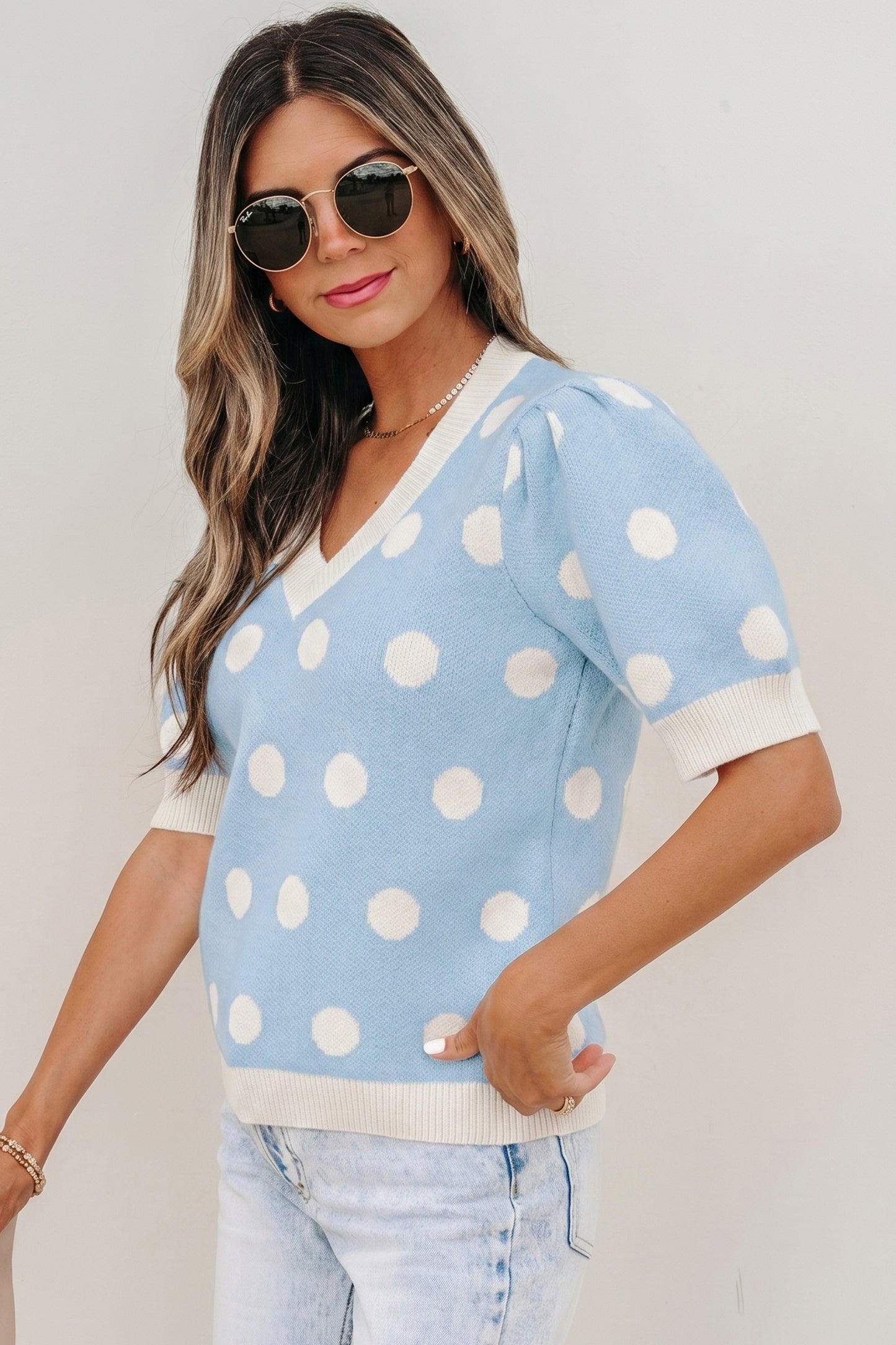Polka Dot Puff Short Sleeve Sweater