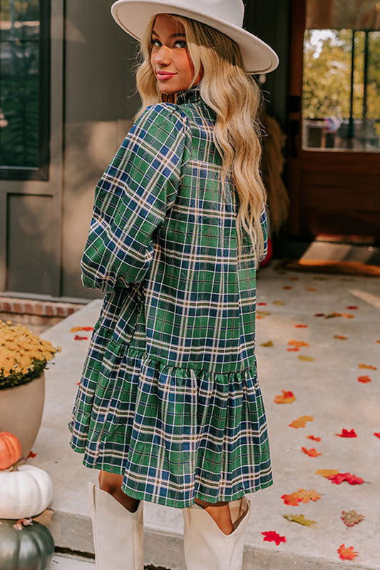 Green Plaid Frilly Collar Mini Shift Dress