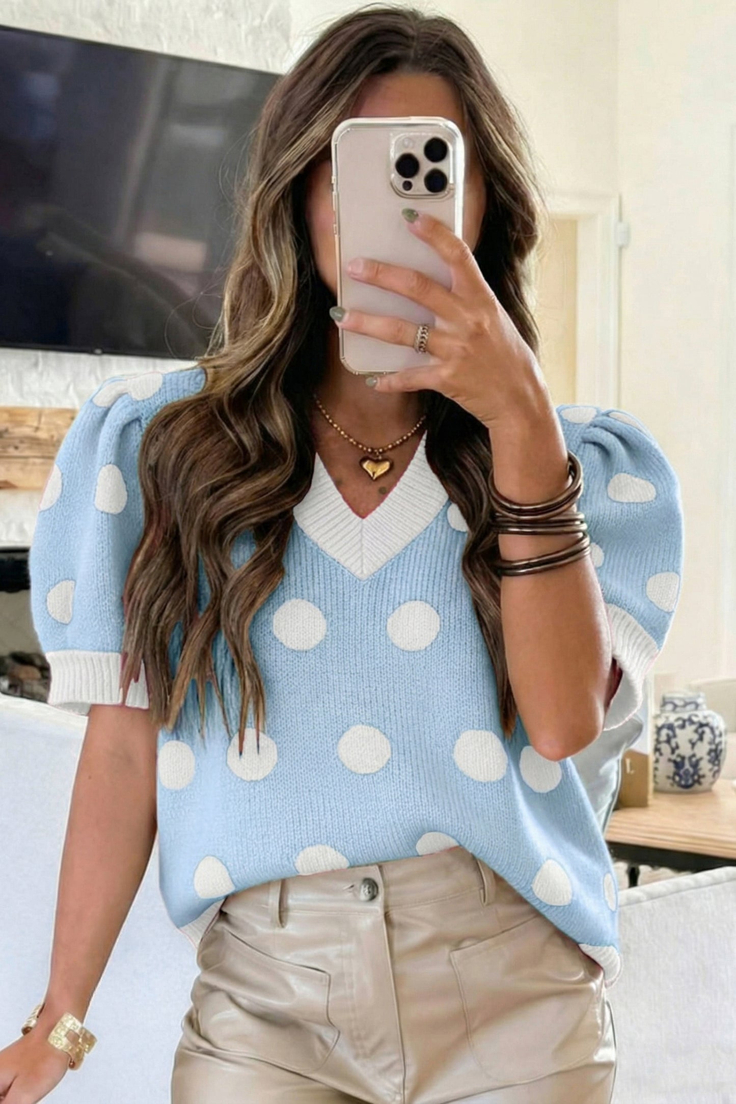 Polka Dot Puff Short Sleeve Sweater