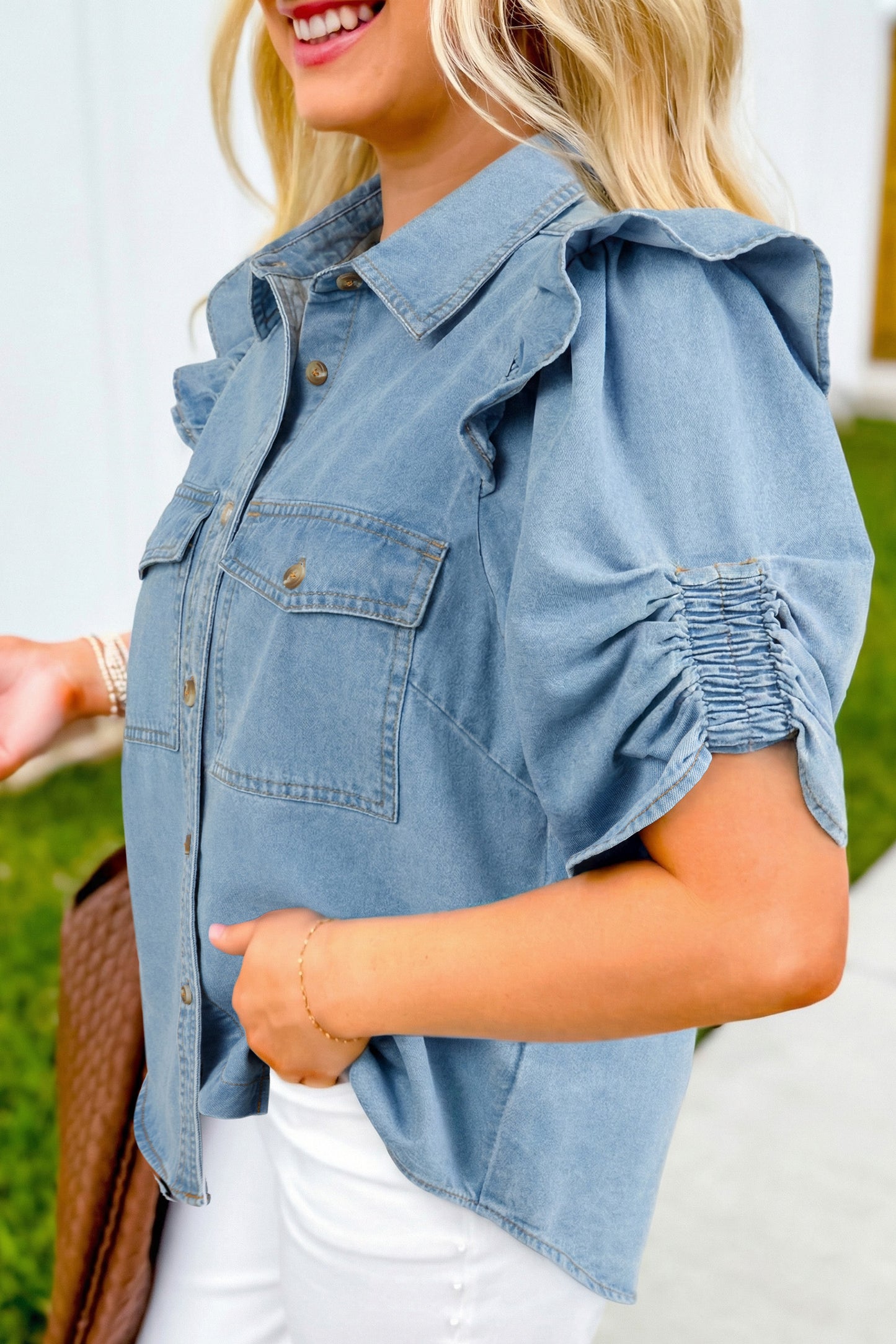 Denim Ruffled Puff Sleeve Shirt