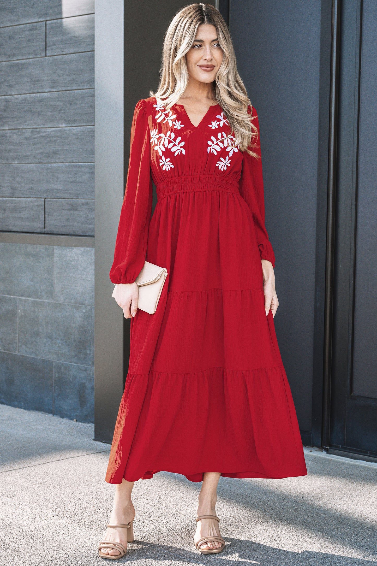 Racing Red Embroidered Detail Maxi Dress