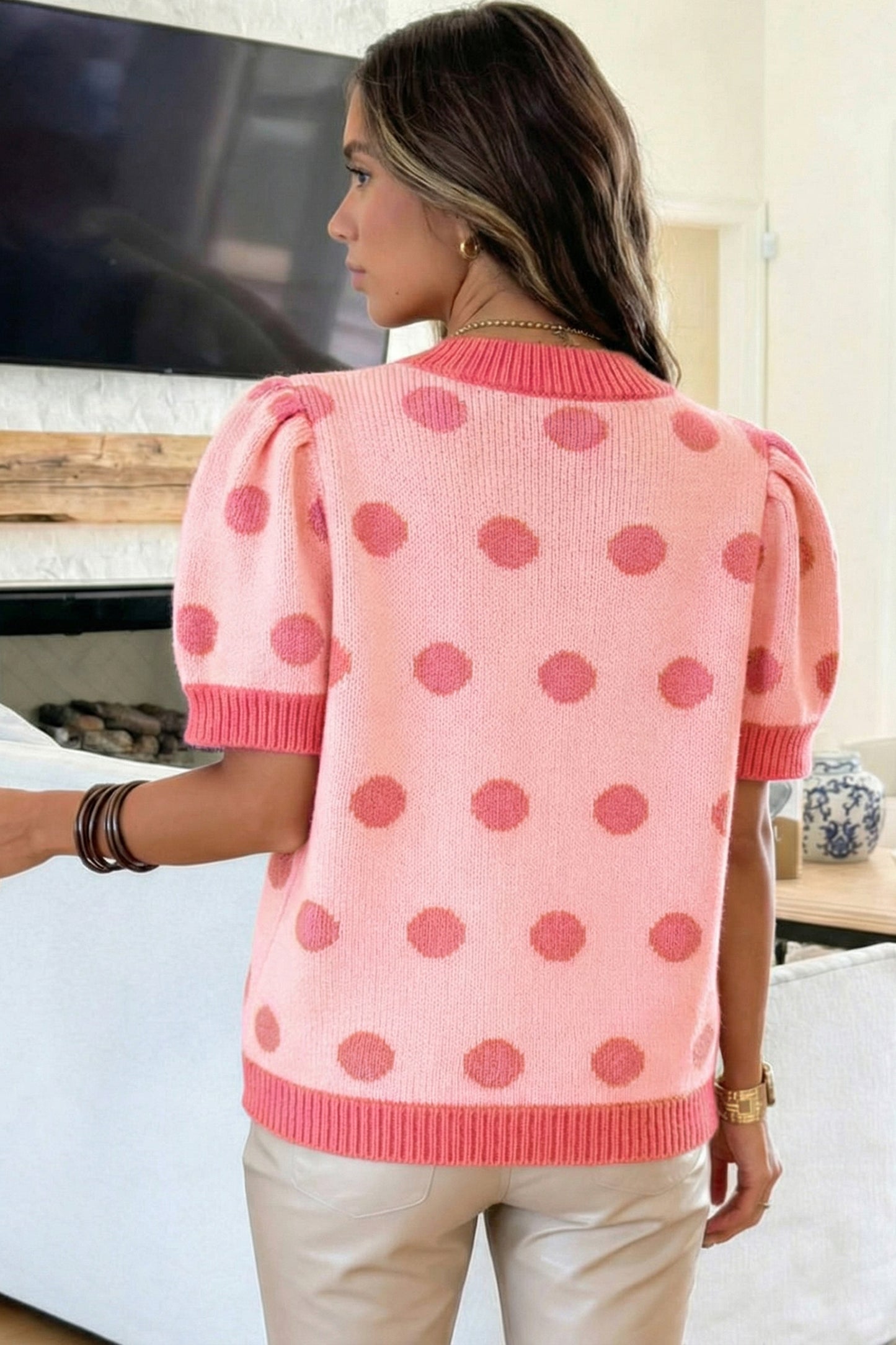 Polka Dot Puff Short Sleeve Sweater
