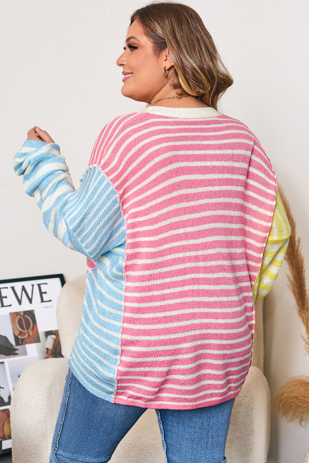 Multicolor Exposed Seam Plus Size Sweater