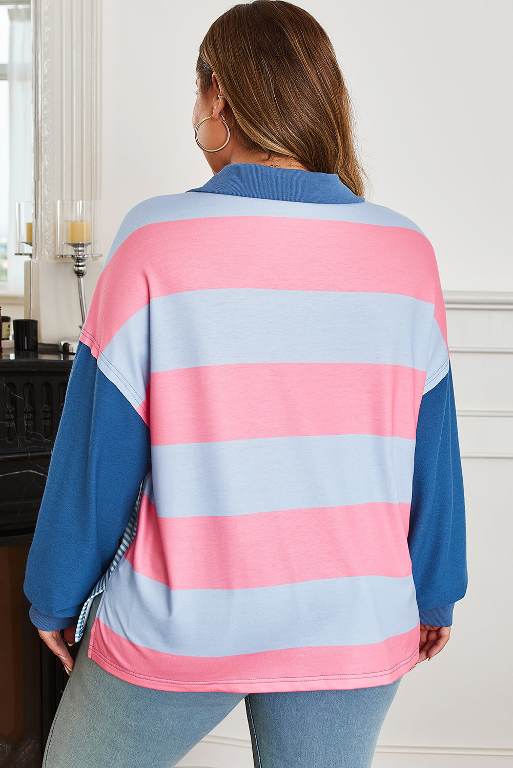 Blue & Pink Colorblock Plus Size Pullover