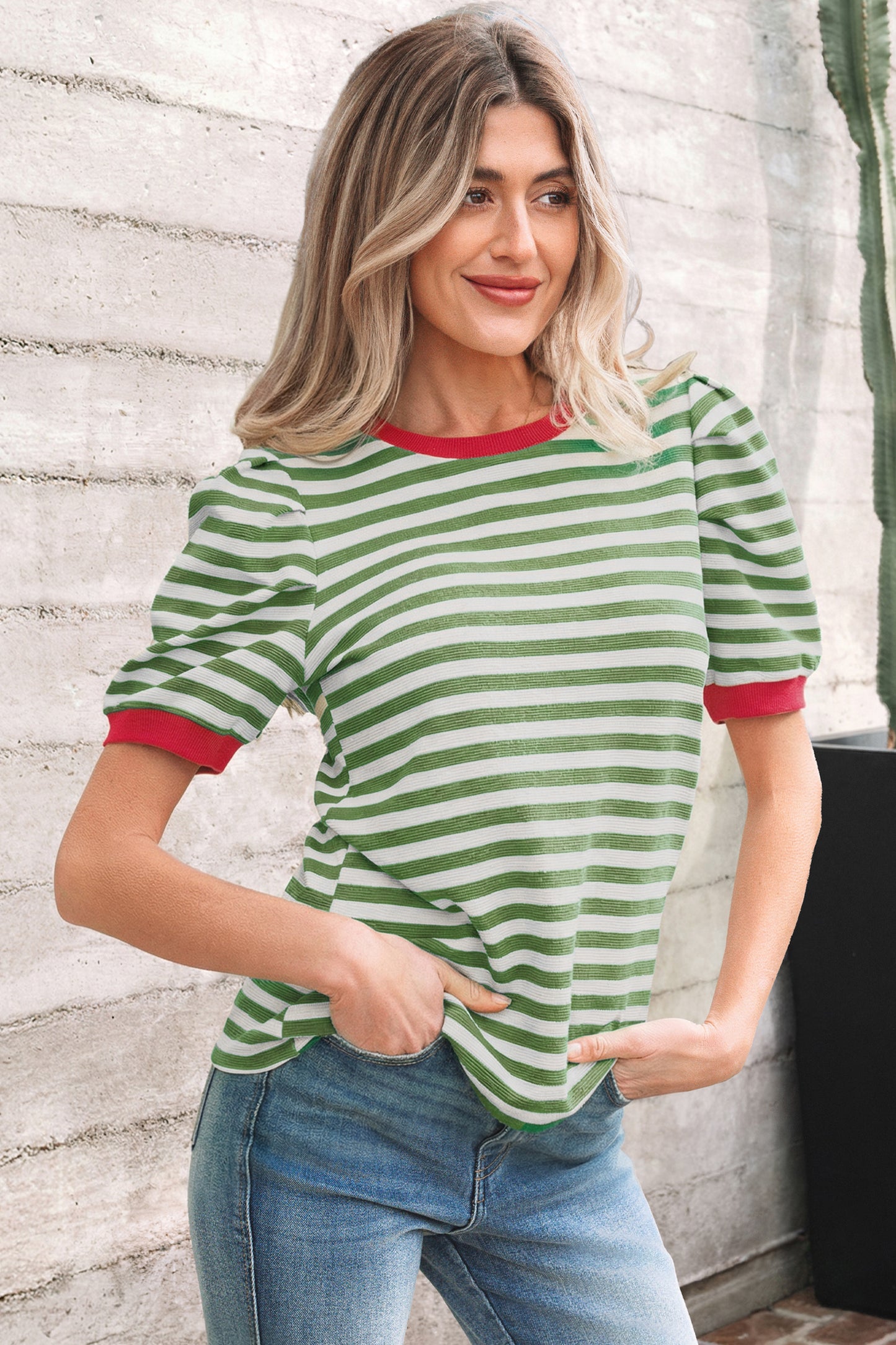 Striped Puff Sleeve Round Neck Tee