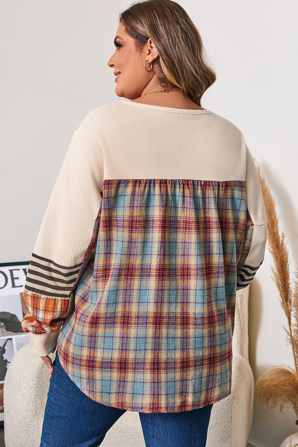 Parchment Waffle Half Button Plus Size Pullover