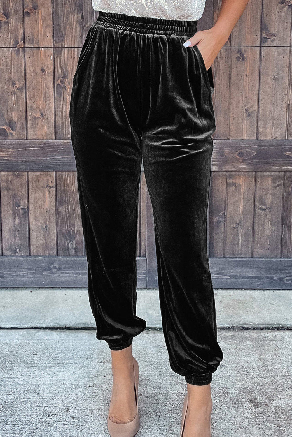Black Solid Velvet Joggers