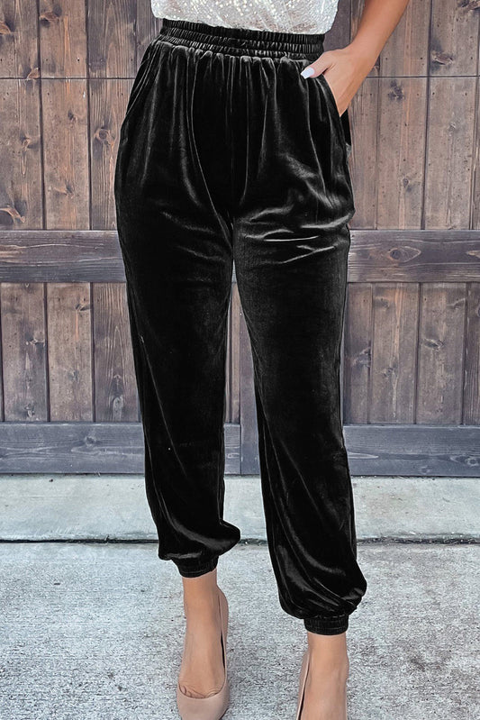 Black Solid Velvet Joggers