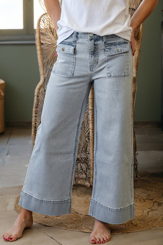 Sky Blue Striped Wide Leg Jeans