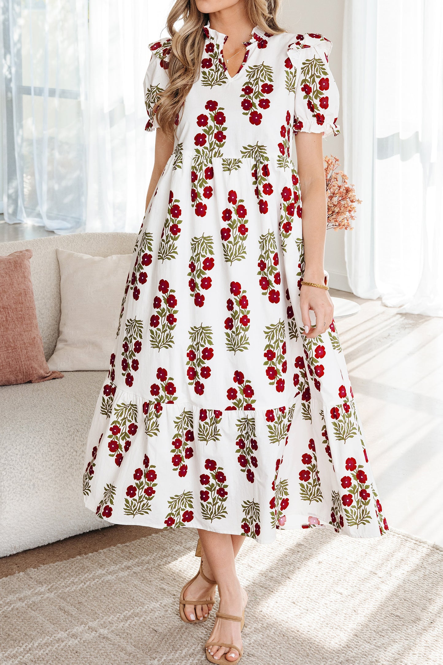 Floral Bubble Sleeve Maxi Dress