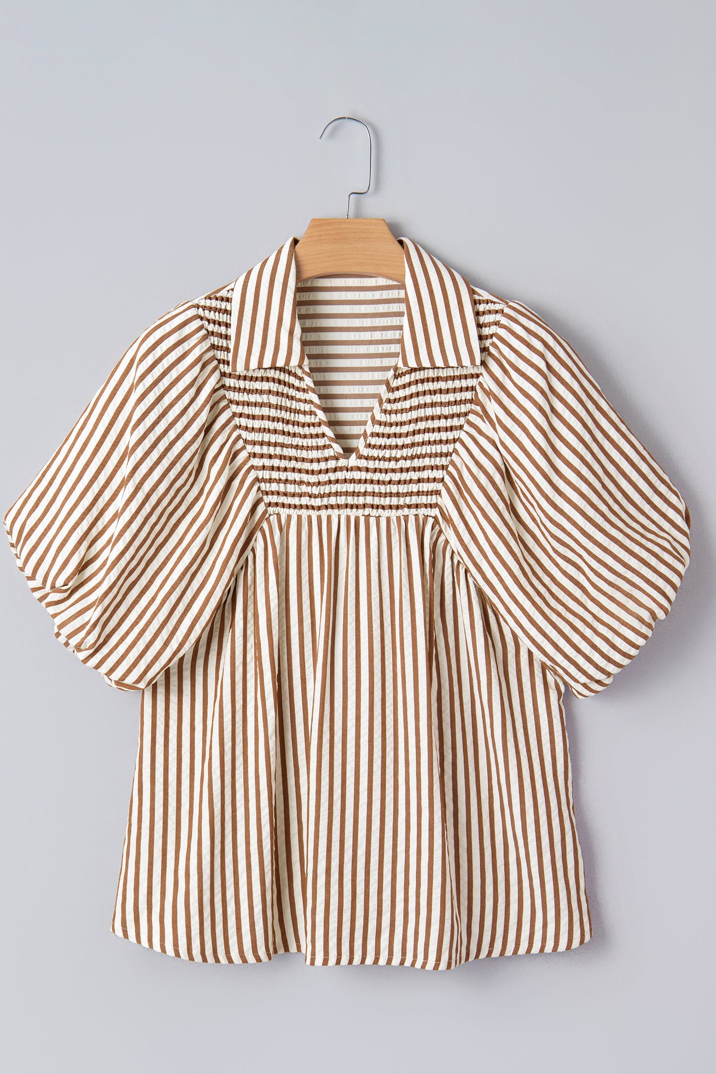 Brown Striped Shirred Blouse