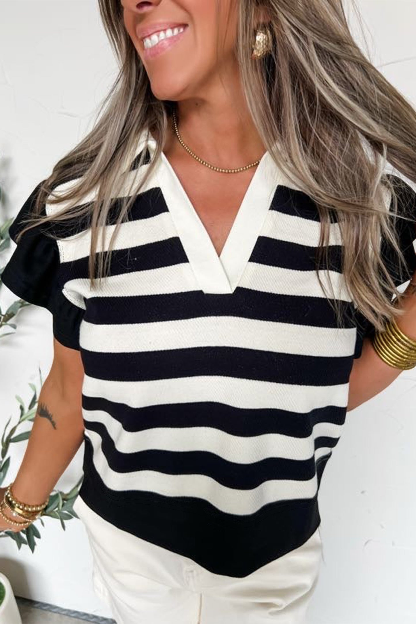 Striped Ruffled Sleeve Blouse