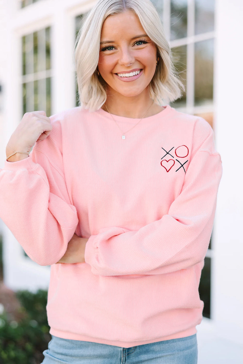 Sweatshirt in Embroidered XOXO or Printed Hearts