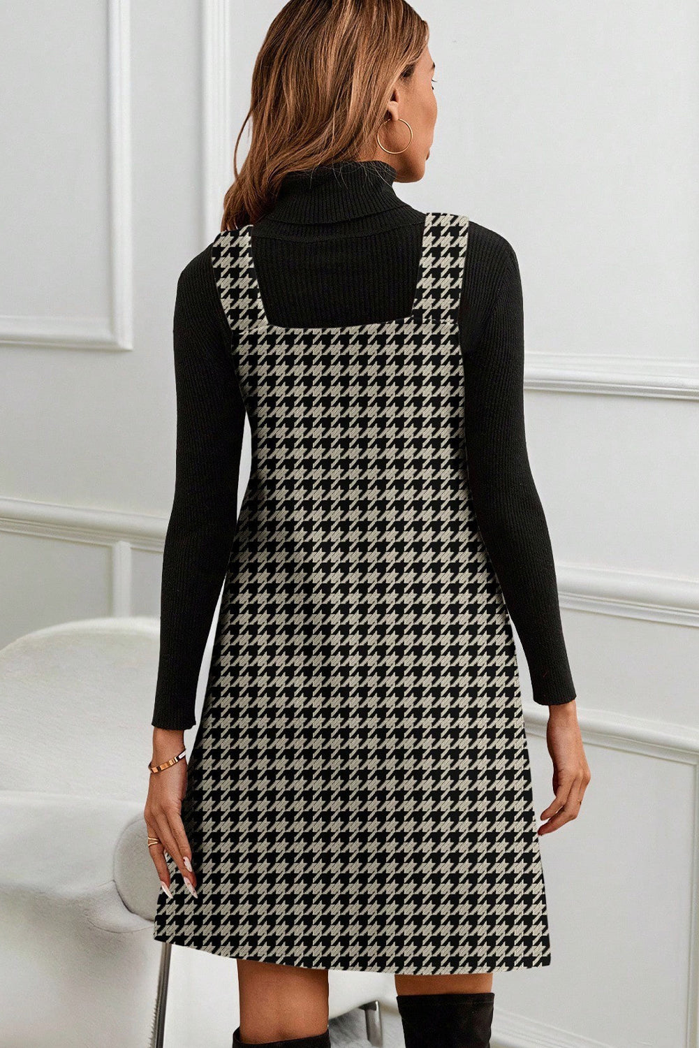 Khaki Houndstooth Sleeveless Mini Dress