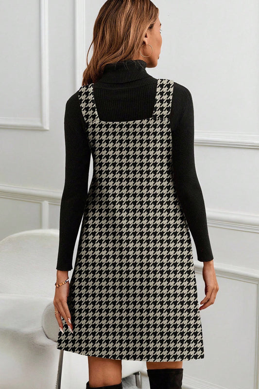 Khaki Houndstooth Sleeveless Mini Dress