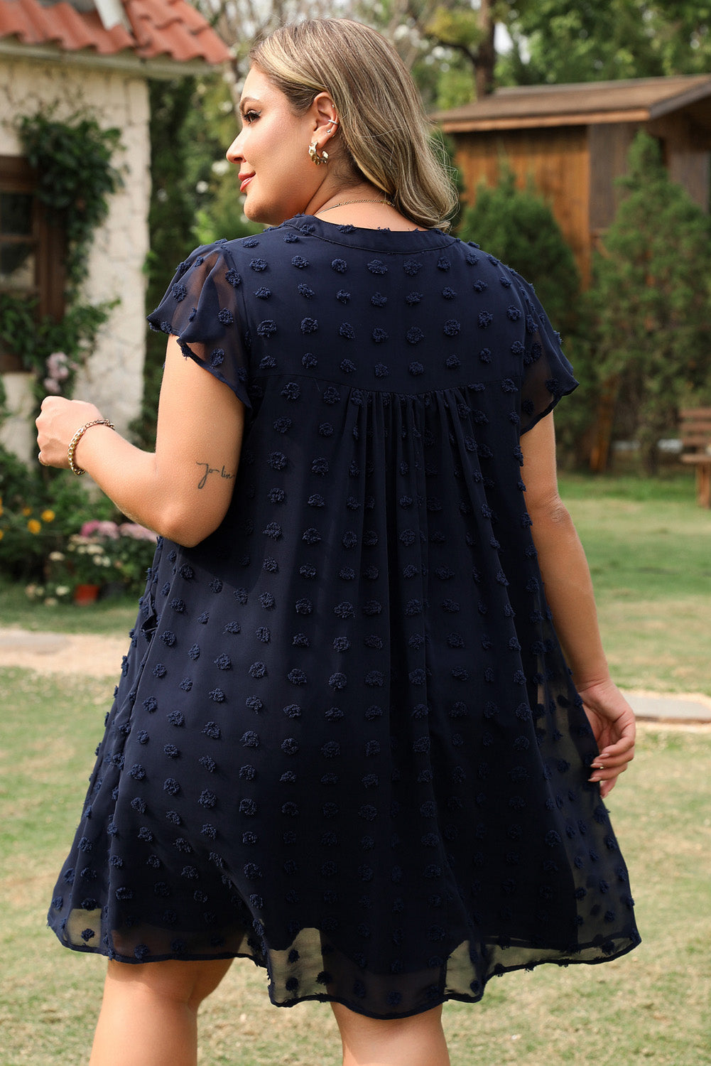 Navy Dot Plus Size Ruffled Dress
