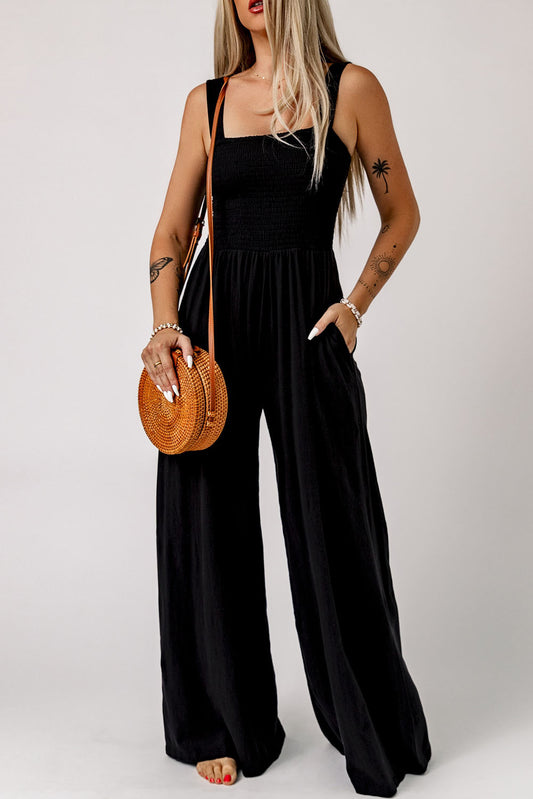 Black Smocked Top Wide Leg Jumpsuit