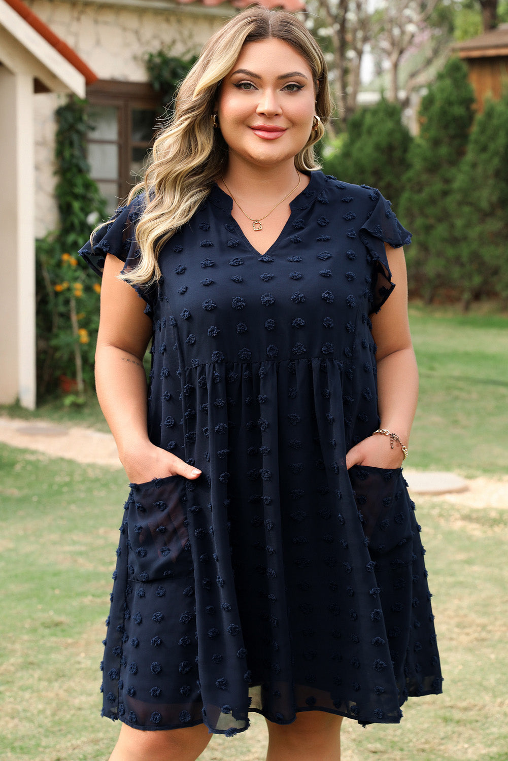 Navy Dot Plus Size Ruffled Dress