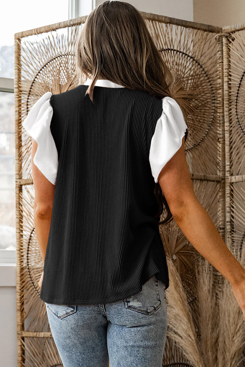 Ruffled Sleeve Ribbed Blouse in Plus Size