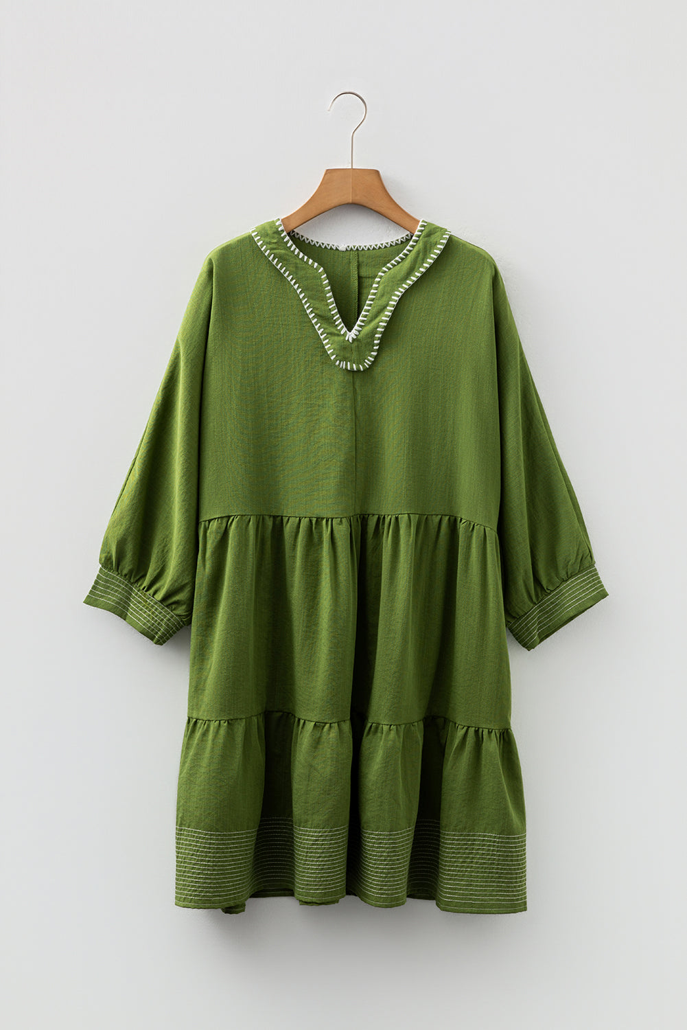 Olive Green Contrast Stitched Tiered Mini Dress