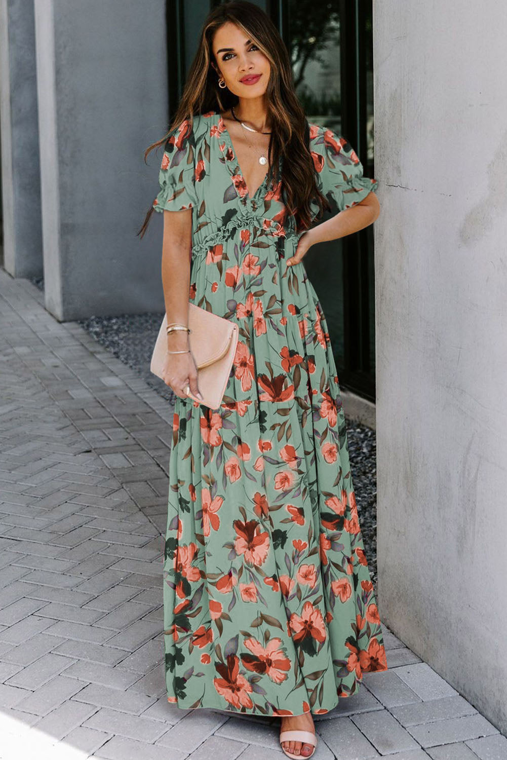 Fiery Floral Frilled Maxi Dress
