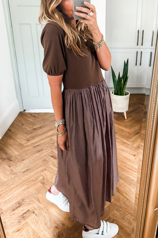 Coffee Knit Top Pleated Long Dress