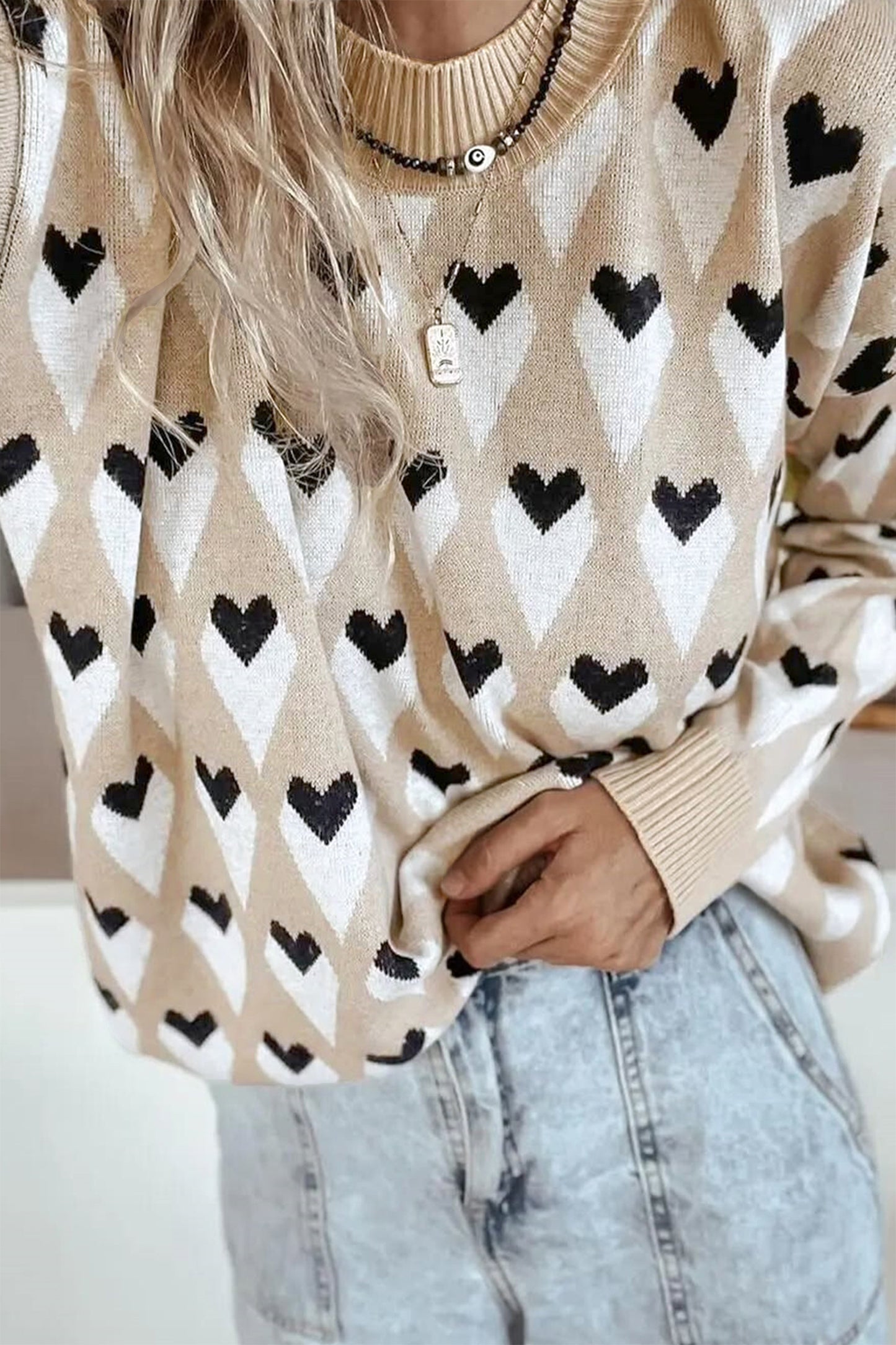 Geometric Heart Print Ribbed Sweater