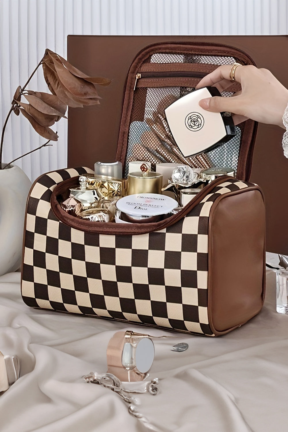 Checkered PU Leather Makeup Bag