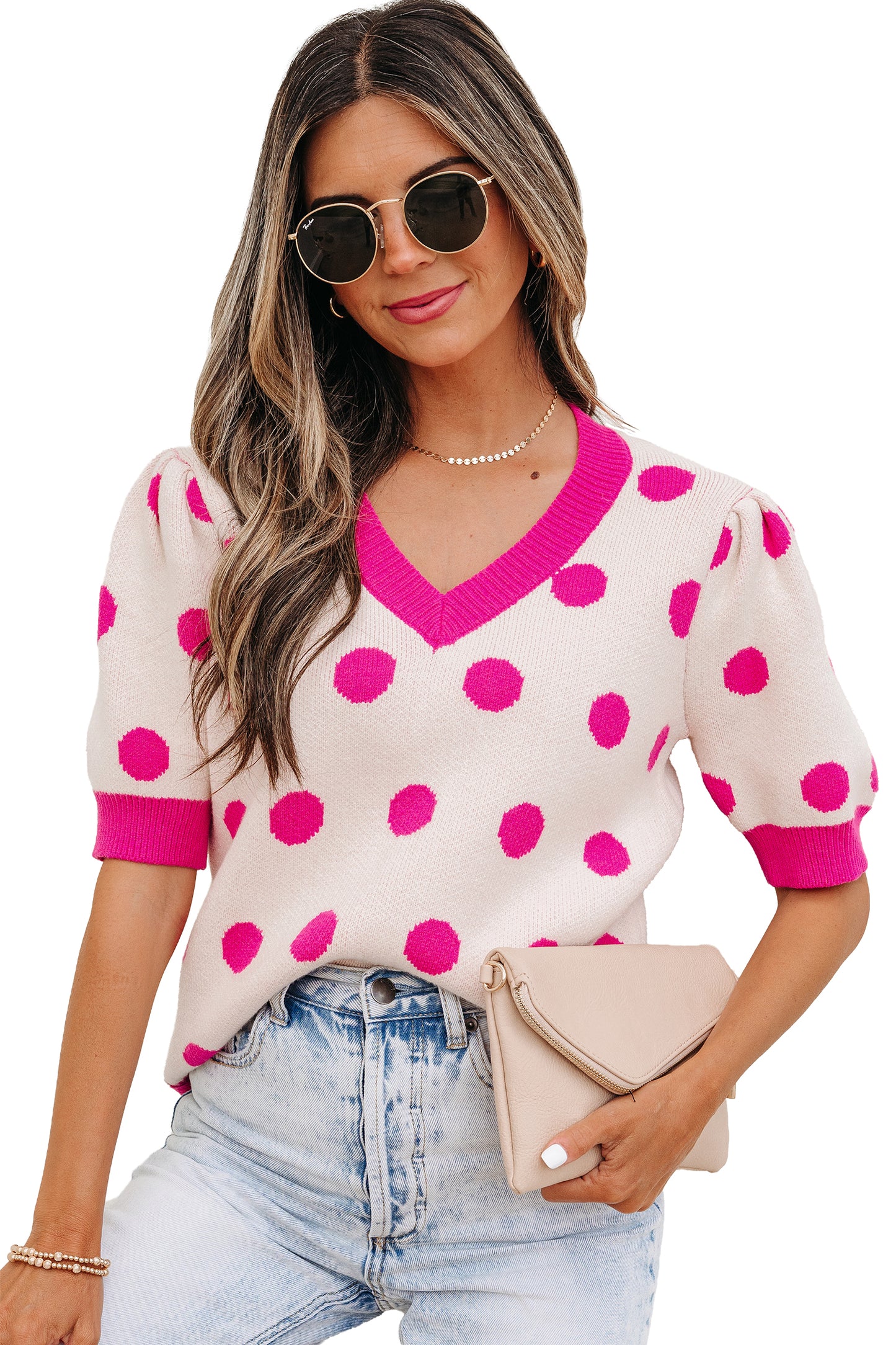 Polka Dot Puff Short Sleeve Sweater