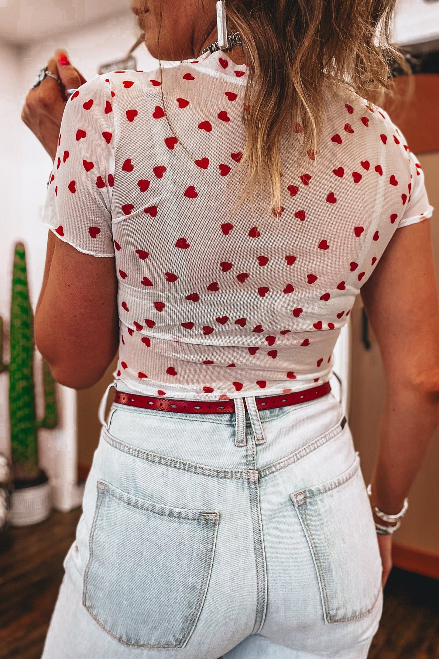 Heart Print Mesh Top
