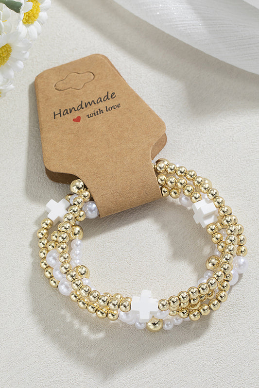 Cross & Pearl Beaded Multi Layered Bracelet