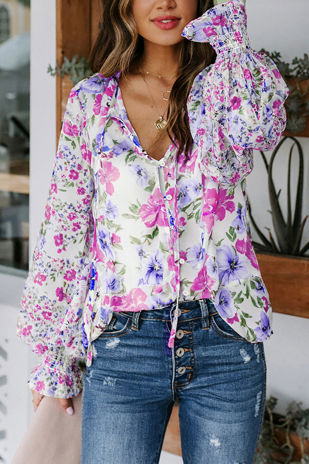Cakewalk Smocked Floral Blouse