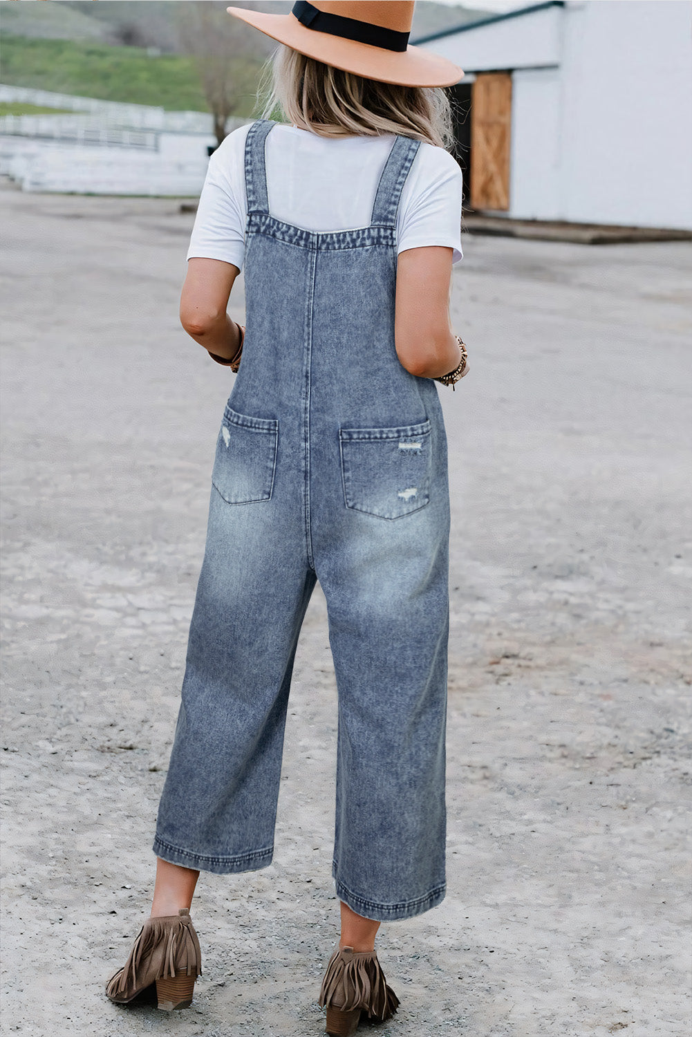 Stone Blue Distressed Denim Overall