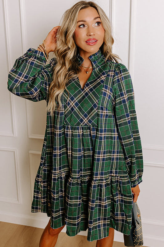 Green Plaid Frilly Collar Mini Shift Dress